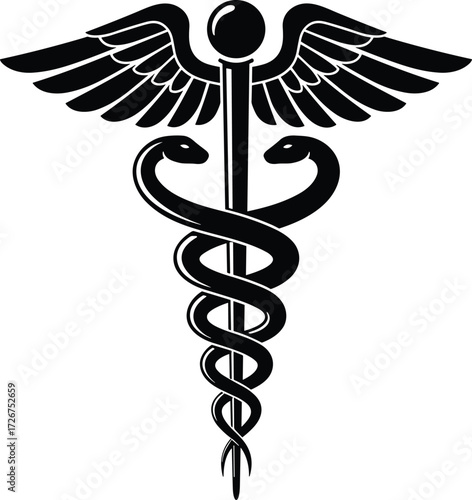 Caduceus symbol, medical silhouette, healthcare icon, Hermes staff, serpents wings, black vector, illustration set, medicine design