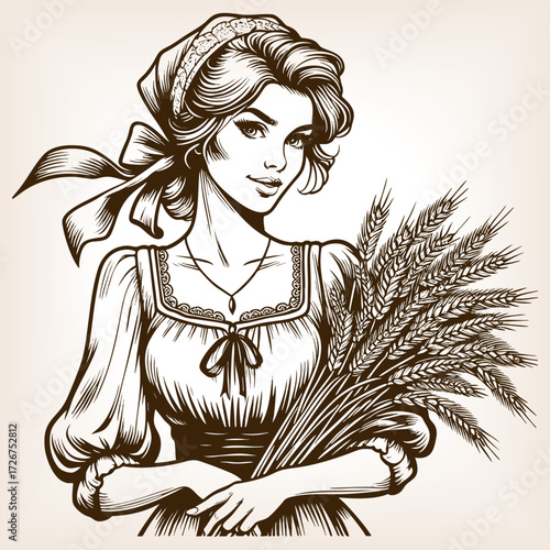 beautiful young woman in traditional dress holding a large bundle of wheat stalks sketch engraving generative ai fictional character vector illustration. Scratch board imitation. Black and white image