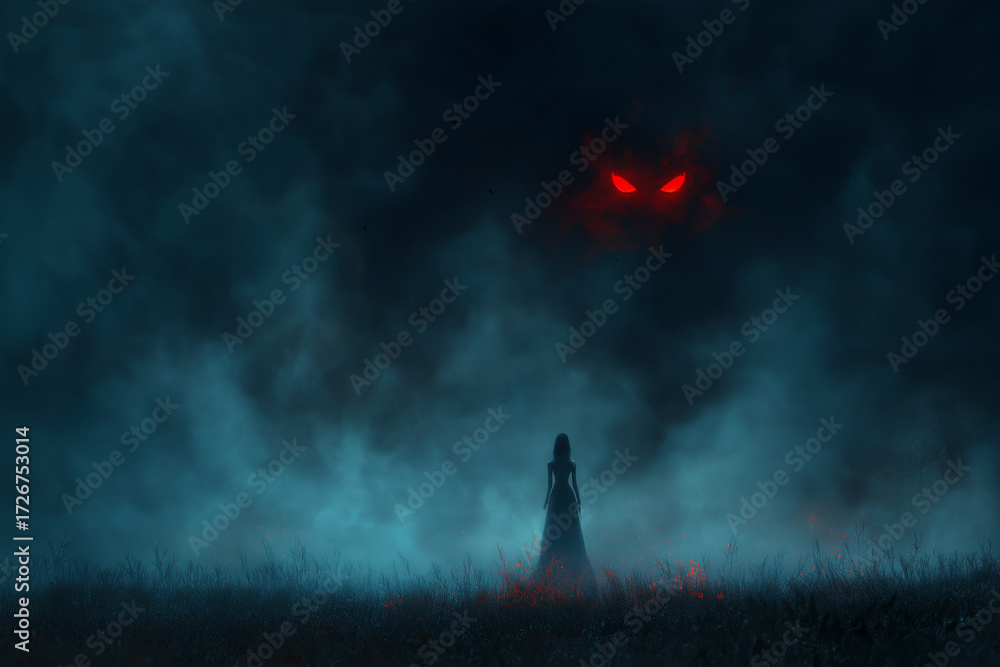 Fototapeta premium Mara terrifying shadow spirit in misty meadow midnight horror fantasy art