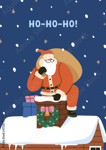 Christmas card with Santa Claus delivering gift sack, bag via chimney funnel ...