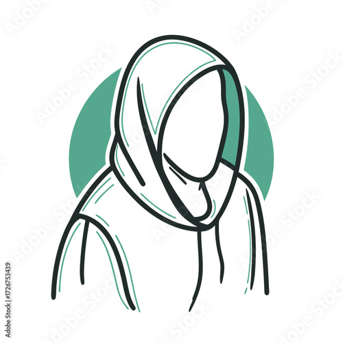 Person in hoodie with headscarf against green circle background concept of icon  