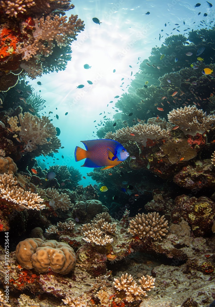 Fototapeta premium Colorful Tropical Fish Swimming Through Vibrant Coral Reef Underwater Scene