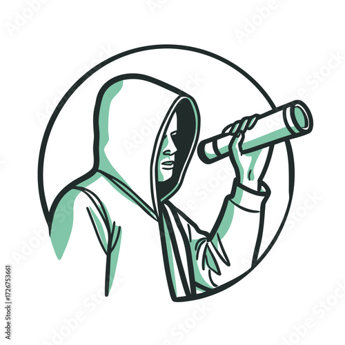 Young man in hoodie looking through telescope in circular frame  