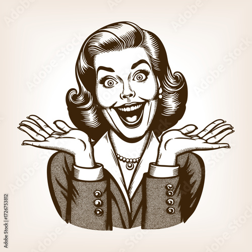 cheerful retro woman with exaggerated smile, raising her hands in surprised excited expression sketch engraving generative ai fictional character vector illustration. Scratch board. Black and white.