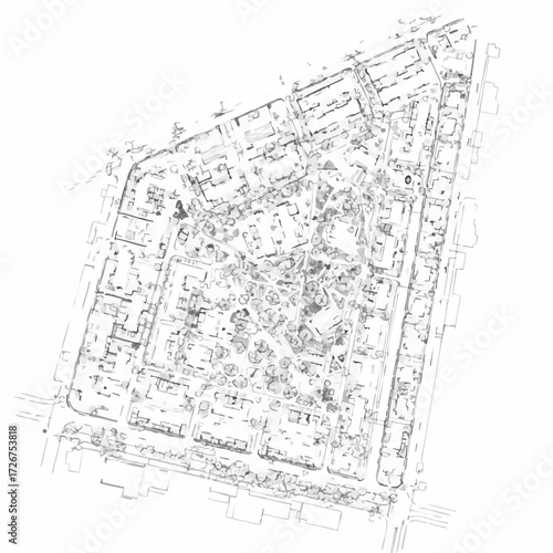 An intricate black and white technical drawing meticulously illustrates the detailed historical layout of an ancient urban settlement or a grand, sprawling architectural complex.