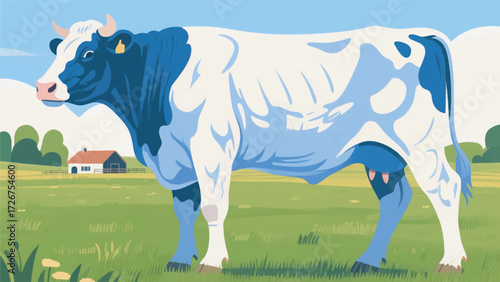 Illustration Of A Large, Muscular Belgian Blue Cow With A Bluish White Body In A Green Field On A Belgian Farm Vector Design Template