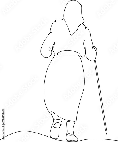 A line drawing of an elderly woman walking with a cane