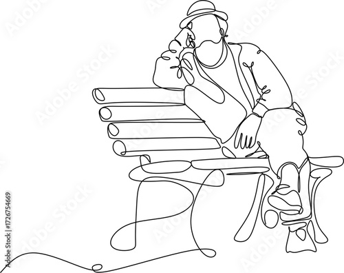 Line drawing of an elderly man sitting on a bench