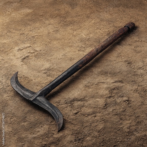 A Vintage Earth-toned Pickaxe: A weathered, vintage pickaxe rests on a surface of sand, showcasing the tool's design, texture, and historical significance.