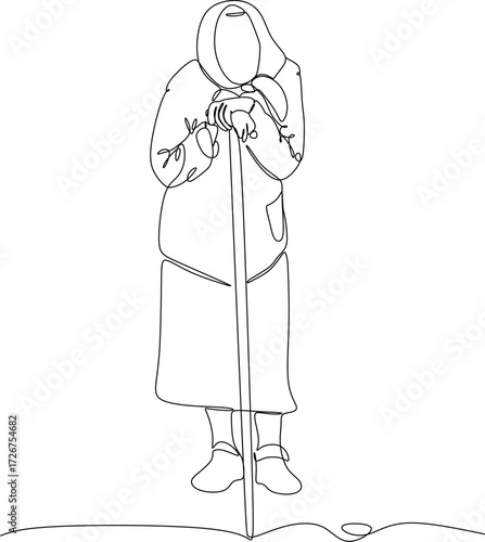 A line drawing of an elderly woman walking with a cane