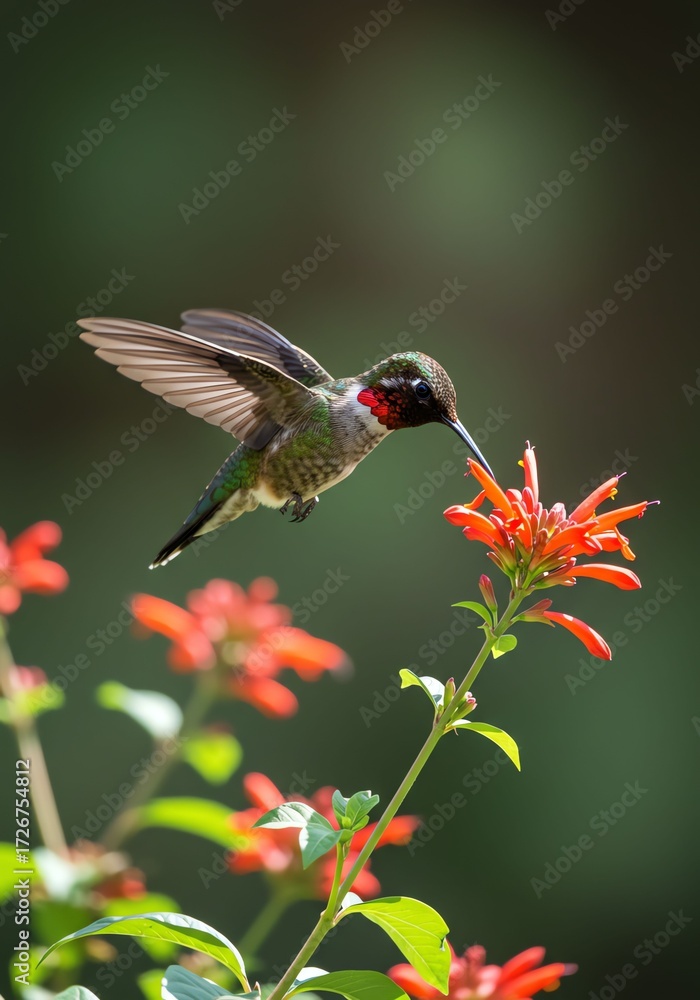 Naklejka premium Hummingbird Feeding on Bright Orange Flower in Natural Garden Setting