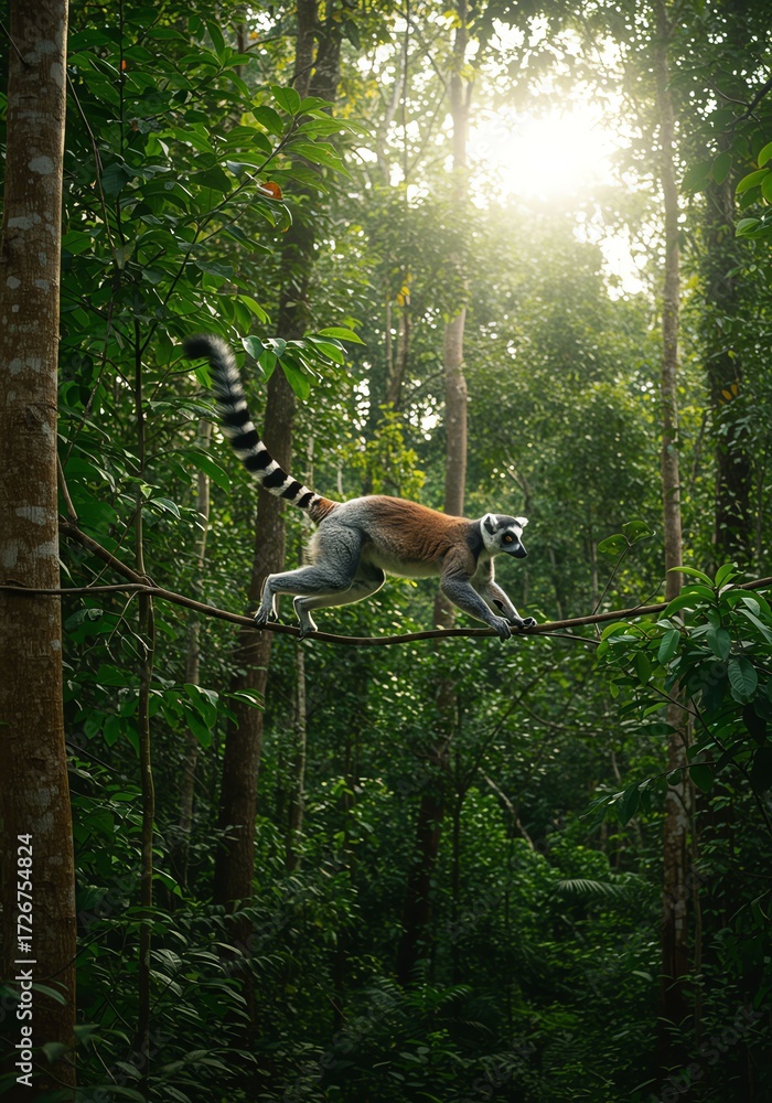 Obraz premium Lemur Walking on Tree Branch in Dense Green Forest with Sunlight Filtering Through Canopy