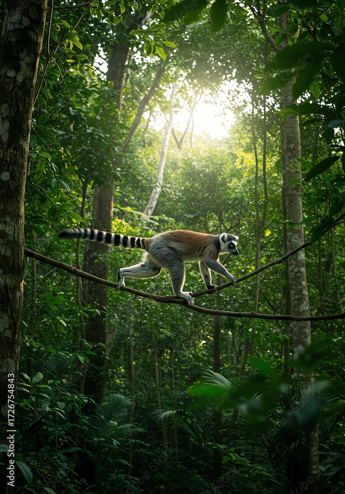 Obraz premium Lemur Balancing on Tree Branch in Dense Tropical Forest Sunlight