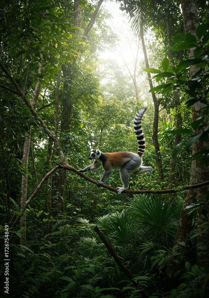 Obraz premium Wild Ring-tailed Lemur Moving Through Dense Jungle Canopy Sunlight Filtering