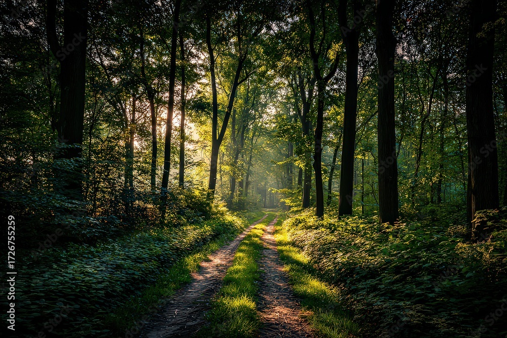 Naklejka premium Sunlit Forest Path Through Trees