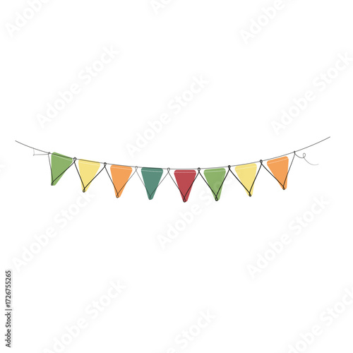 Colorful festive bunting garland with hand-drawn triangular flags on a string. Minimalist holiday decoration isolated on white background.