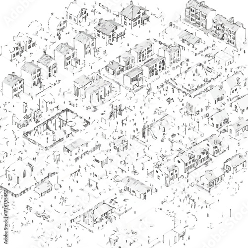 An intricate black and white isometric illustration portrays a sprawling urban landscape with diverse residential buildings and complex street networks.