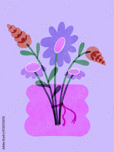 Floral Bouquet Illustration with Purple Flowers Risograph