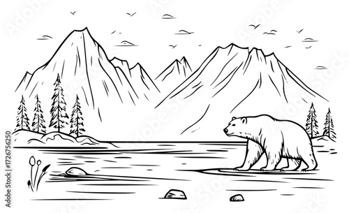 Wild brown bear at alpine lake with towering snow peaks – hand‑drawn wilderness landscape vector illustration