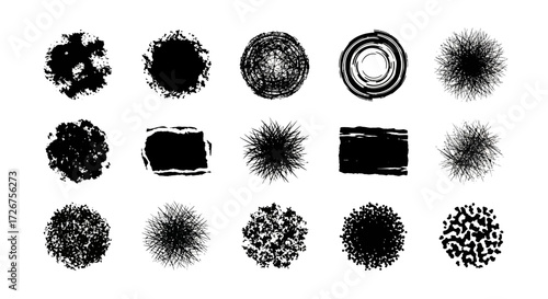 Collection of hand-drawn vector tree top view symbols and abstract textured shapes for landscape design plans