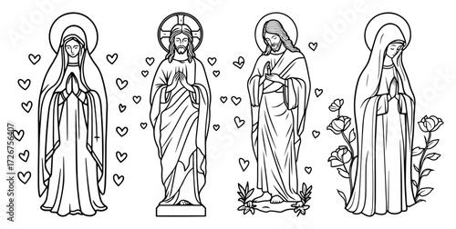 Holy Mary icon collection with Sacred Heart devotion symbols – delicate Catholic line‑art set