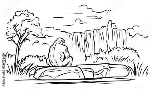 Quiet gorilla resting on rock in cliff‑bordered savanna – hand‑drawn wildlife scene illustration