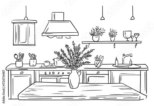 Cozy farmhouse kitchen interior with wooden island, hanging lights and herb décor – rustic culinary home line drawing
