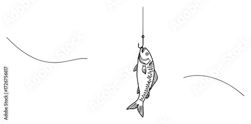 Fresh‑caught river fish dangling from hook above gentle ripples – minimalist angling scene line‑art illustration