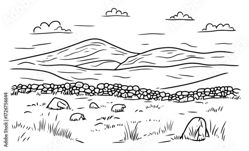 Rolling moorland hills beyond rustic dry‑stone wall and scattered boulders – peaceful countryside panorama sketch illustration