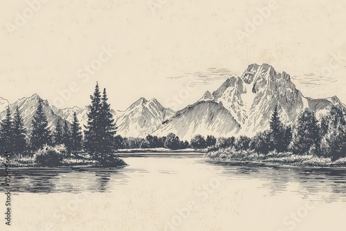 Sketchy Mountain Landscape with River and Trees
