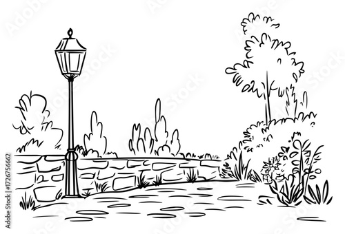 Peaceful park pathway with vintage lamppost, stone wall and blooming shrubs – tranquil urban garden sketch illustration