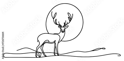 Majestic stag deer silhouetted against glowing full moon – elegant one‑line wildlife vector illustration