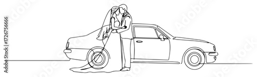 Just‑married couple sharing kiss beside vintage wedding car – elegant one‑line romantic illustration