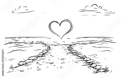 Pebble pathway leading to heart shape on tranquil seashore – symbolic love journey concept sketch