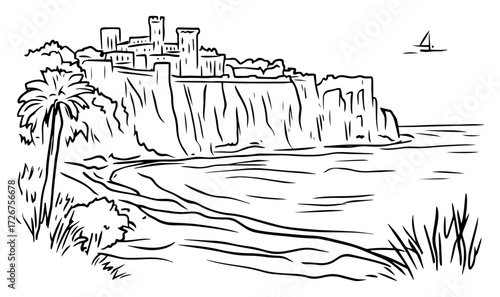 Ancient cliff‑top fortress overlooking rugged coastline and palm – dramatic coastal castle landscape drawing