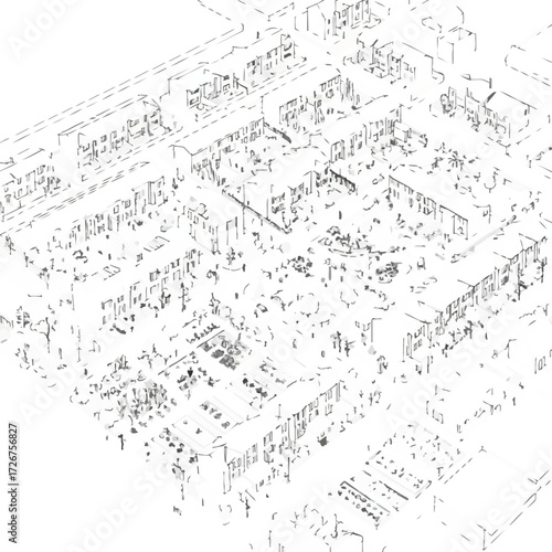 An intricate aerial line drawing illustrates a detailed urban residential area, showcasing modern architectural planning and city development concepts.