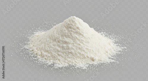 A small mound of fine white powder, like flour or baking soda, isolated on a neutral grey background.