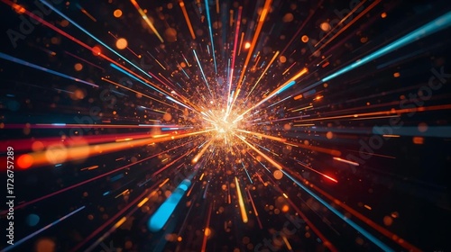 Colorful futuristic light burst with vibrant rainbow streaks and glowing particles, creating a dynamic abstract explosion effect on a dark cosmic background.