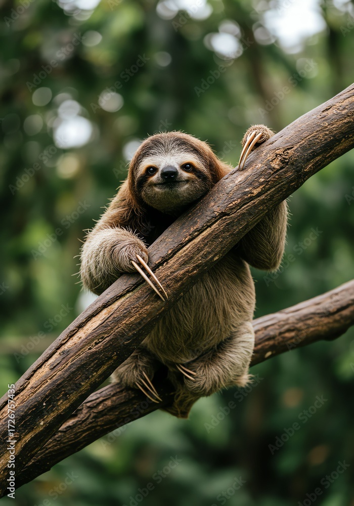 Fototapeta premium Cute Sloth Clinging to Tree Branch in Jungle Environment