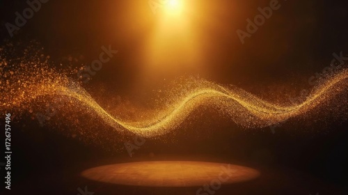 Abstract golden dust particles wave illuminated by warm spotlight