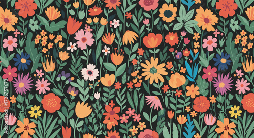 A vibrant and colorful tapestry of wildflowers and lush green foliage fills the frame.
