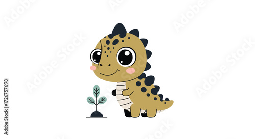 A cute little dinosaur watering a small plant with rosy cheeks and big eyes.