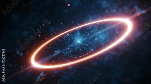 Abstract cosmic background of glowing circle light ring, sparkling stars.