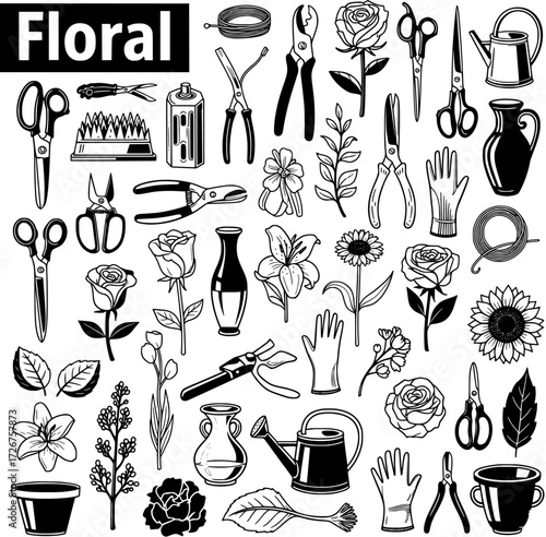 Horticulture Essentials: Black and White Icons of Garden Tools, Vases, and Various Flowers