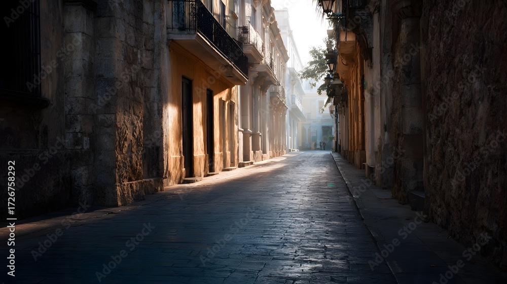 Obraz premium Sunlight casts dramatic shadows on an empty historic European cobblestone street lined with ancient stone buildings