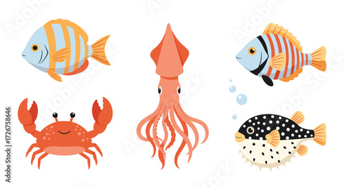 A collection of colorful cartoon sea creatures including fish squid and crab.