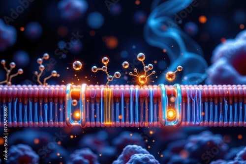 Wallpaper Mural cross sectional artistic diagram showing lipid peroxidation chain halted by antioxidants visualized as glowing molecules defending cell membranes from oxidative free radical stress. Torontodigital.ca