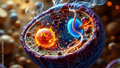 Wallpaper Mural a cross section of a human cell showing oxidative stress, free radicals damaging both dna and proteins, glowing reactive oxygen species causing structural collapse, molecular science visualization Torontodigital.ca