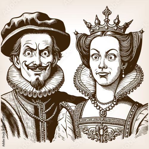 comical king and queen, smiling mischievously with exaggerated expressions sketch engraving generative ai fictional character vector illustration. Scratch board imitation. Black and white image.