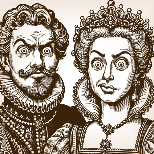 comical king and queen, smiling mischievously with exaggerated expressions sketch engraving generative ai fictional character vector illustration. Scratch board imitation. Black and white image.